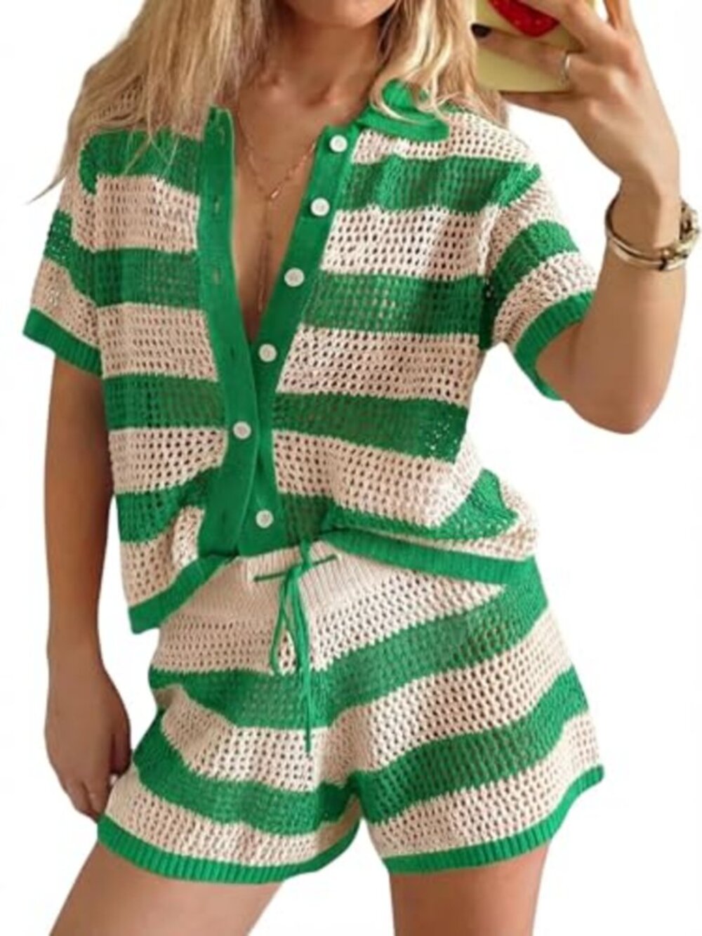 Crochet Knit 2 Piece Short Set Button Down Shirt High Waist Shorts Summer Outfit